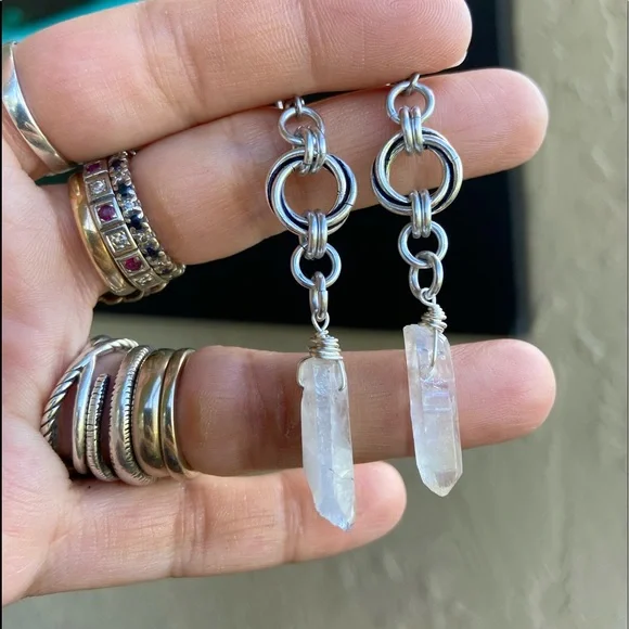 Quartz dangly earrings. Handmade twisted celtic hoop & angel aura crystal quartz - Picture 14 of 15